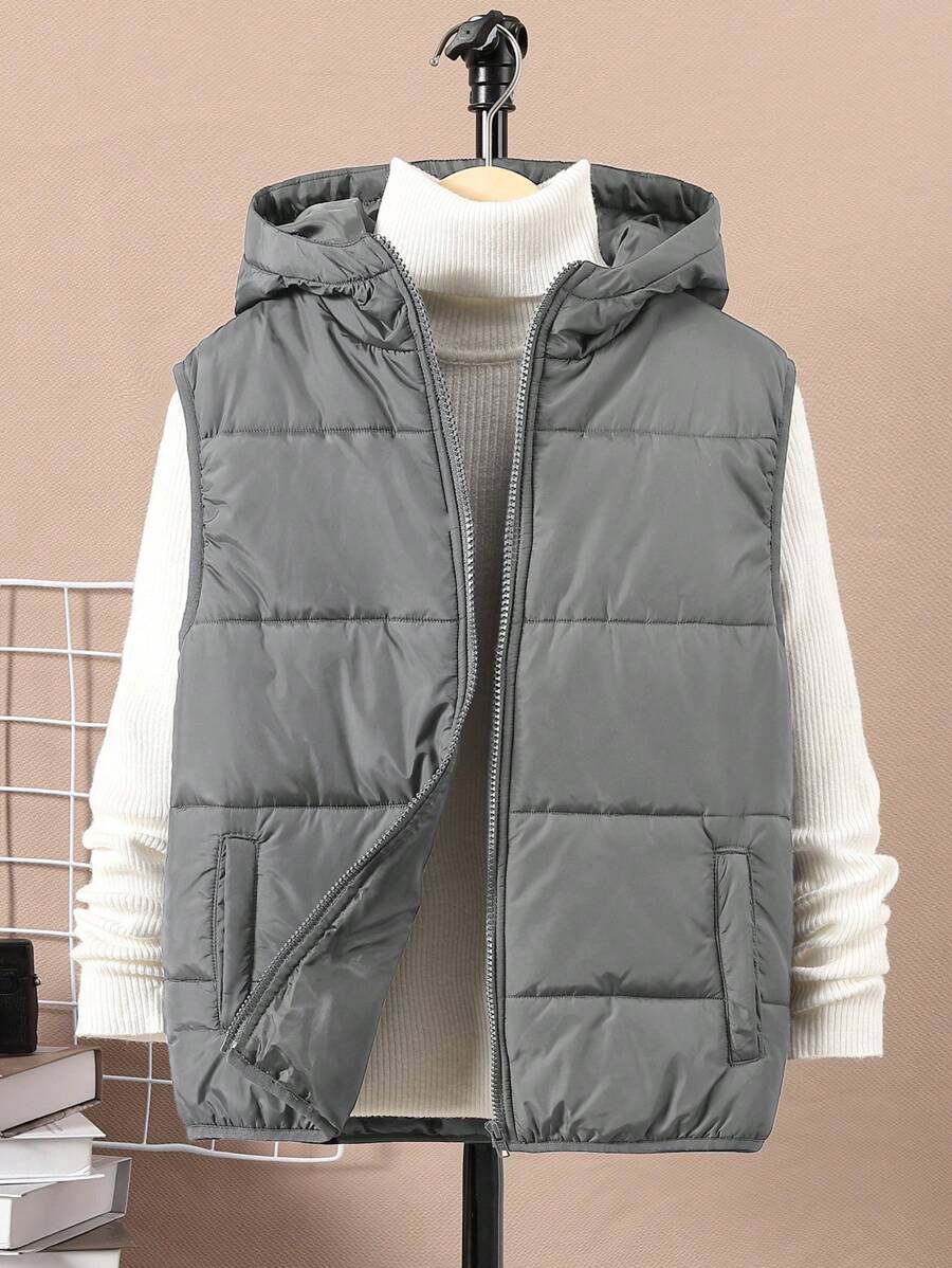 SHEIN Tween Boy 休闲连帽加厚绗缝马甲 - 灰色 - 查看 1