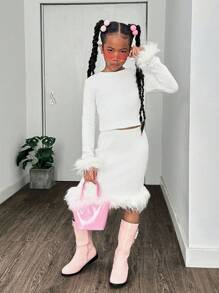 Tween Girl Casual Party Knit Warm Solid Fluffy Trim Crew Neck Long Sleeve Set