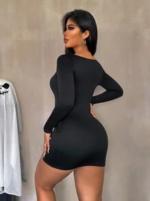 VaVaBold 女士纯色方领双拉链连衣裙 - 黑色 - 查看 2