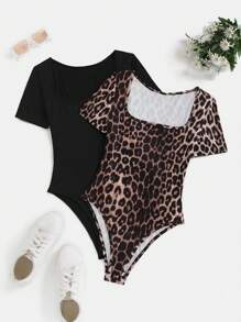 Zolique Women Leopard Print + Solid Color 2pcs/Set Short Sleeve Bodysuit - Black - View 1