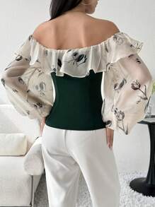 Modelyn Floral Print Off Shoulder Ruffle Trim Lantern Sleeve Top - Multicolor - View 2