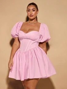 SHEIN BAE Women's Plus Size Clothing Wedding Dresses Bridesmaid Dresses Mini Dresses Party Dresses Date Dresses Holiday Dresses Plus Size Women's Summer Sweet Puff Sleeves Cup Details Puff Sleeves Mini Dress Tutu Dress Small Dress Embroidered Dress Elegant Elegant Boho/Bohemia Boho/Bohemia  Graduation Dress/White Graduation Dress  Brunch Outfits For Women   Summer Outfits  Beach Outfits For Woman  Brunch Outfits For Women  Fairycore   Classy Outfits For Women  Festival Outfits For Women/ Country Concert Outfit,Birthday Dresses For Women - Pink - View 5