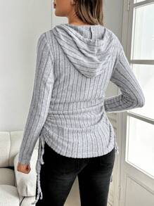 SHEIN Maternity Grey Striped Drawstring Side Crop Long Sleeve Hoodie Top - Grey - View 2