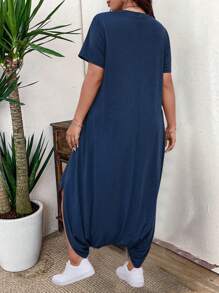 SHEIN LUNE جمبسوت قصيرة الأكمام فضفاضة مع جيوب وياقة دائرية بلون أحادي المقاس الكبير ، صيفي - الأزرق - مشاهدة 2
