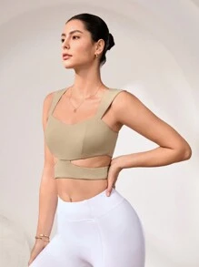 SHEIN Sports 女士纯色简约日常镂空运动文胸 - 杏色 - 查看 8