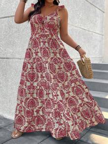 Breezaya Plus Size Women Plant Print Dress With Ruffle Hem Elegant Vacation Dress - Multicolor - View 3