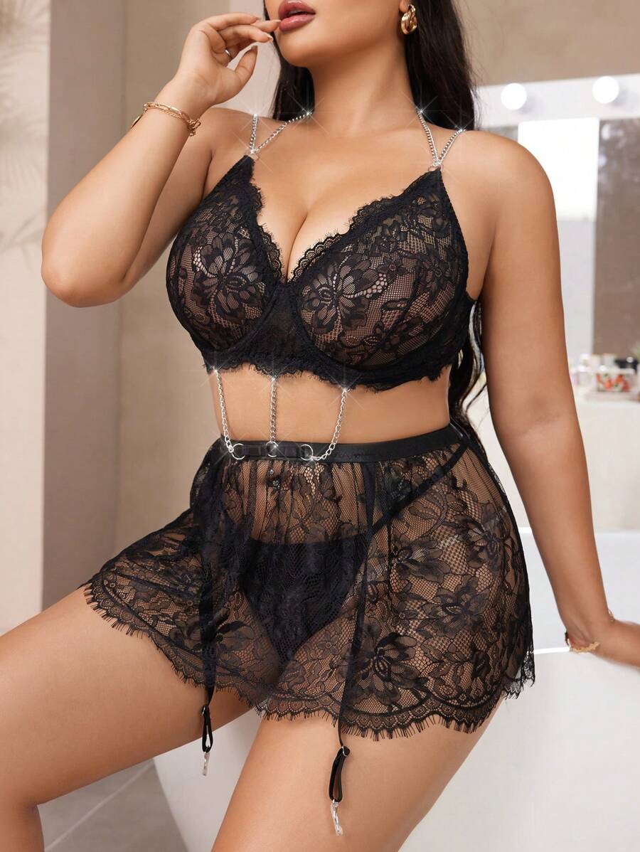 2 chiếc Plus Size Nữ Ren Và Dây Xích Bộ Đồ Lót Gợi Cảm - màu đen - Xem 1