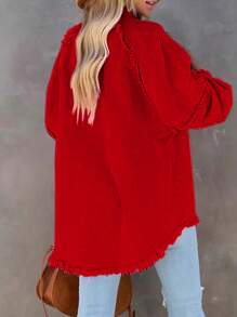 Frayed Edged Fashionable Loose Fit Pink Denim Jacket - Red - View 5