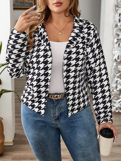 SHEIN Clasi 大码女式秋季千鸟格长袖前开优雅西装外套