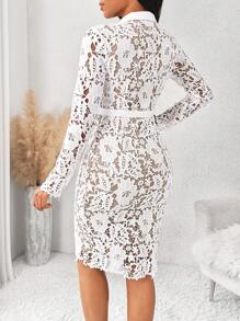 SHEIN Lady Vestido de convidado de casamento de primavera e verão, elegante, branco, manga comprida, contraste, renda, vestidos femininos - Multicolorido - Ver 3
