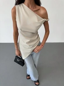 Aloruh Thiết Kế Mới Nhanh Khô Bất Đối Xứng Một Vai Xoắn Viền Chia Viền Tối Giản Áo Sơ Mi Thường Ngày/Ngày Lễ - Màu be - Xem 4
