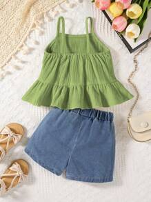 Ensemble 2 pièces haut à bretelles à imprimé floral et short en jean avec poches pour bébé fille - Vert - Voir 2