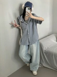 DAZY Women's Summer Casual Hooded Plaid Loose Blouse,Flannels Women - Blue - View 2