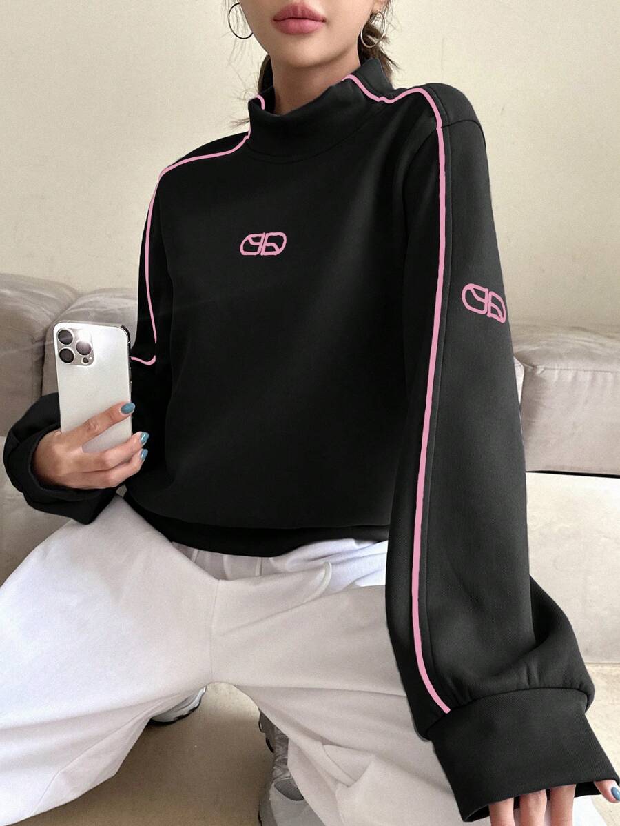 DAZY 女式休闲宽松圆领长袖图案拼色运动衫，秋季 - 黑色 - 查看 1