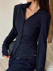 DAZY 女式 V 领长袖纽扣修身优雅简约衬衫 - 藏蓝色 - 查看 5