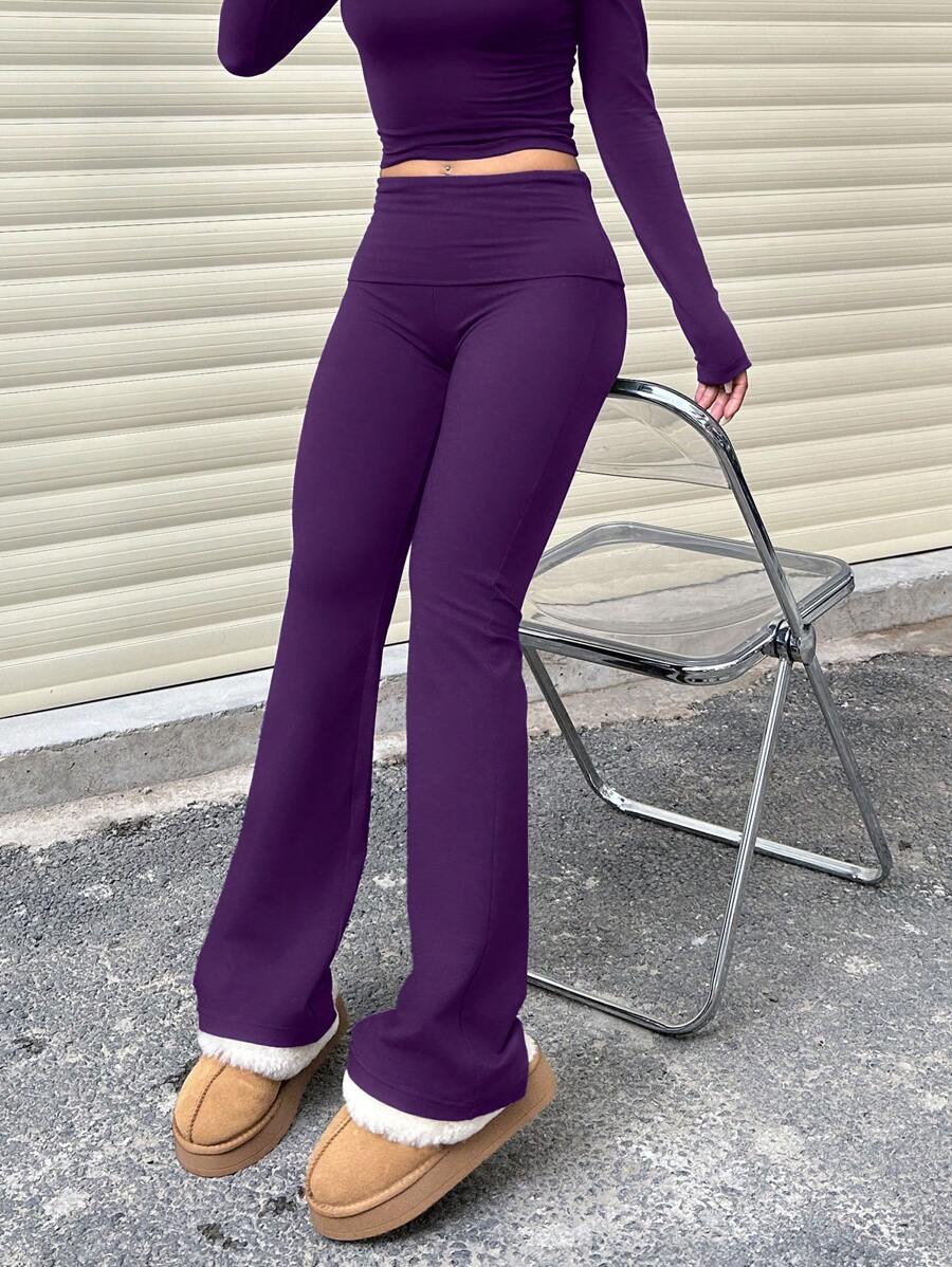 Women's Casual Solid Color Wide-Waist Flare Pants, Leggings Fold-Over Waist High Waist Ruched Slim Fit - Màu tím - Xem 1
