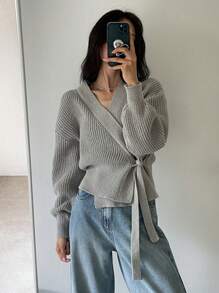 DAZY Women V-Neck Tie Front Solid Color Long Sleeve Cardigan - Grey - View 7