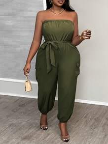 Slaydiva Plus Size Casual Streetwear Solid Color Strapless Jumpsuit With Belt, Pockets And Elastic Cuffs