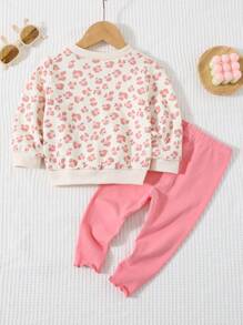 Cozy Pixies 2pcs Baby Girl Floral Print Crew Neck Long Sleeve Sweater And Pants Clothes Set