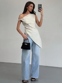 Aloruh Thiết Kế Mới Nhanh Khô Bất Đối Xứng Một Vai Xoắn Viền Chia Viền Tối Giản Áo Sơ Mi Thường Ngày/Ngày Lễ - Màu be - Xem 7