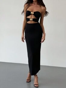 Aloruh Đầm bodycon dài khoét sâu màu đen tối giản thanh lịch có khóa kim loại trang trí cho nữ, mùa xuân hè - màu đen - Xem 3
