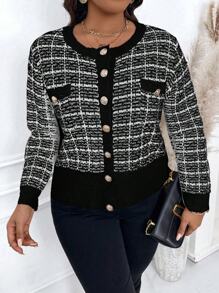 Calvaya Plus Size Women's Plaid Long Sleeve Cropped Casual Cardigan, Autumn/Winter - Black and White - View 4