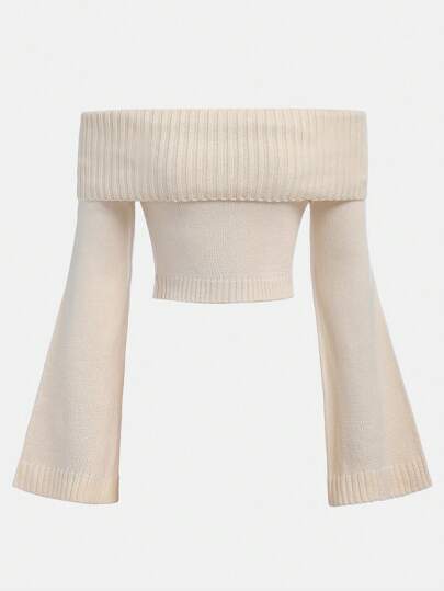 SHEIN Girlism Teen Girl Off-Shoulder Flared Sleeve Cropped Knit Sweater In Almond White, Fall/Winter