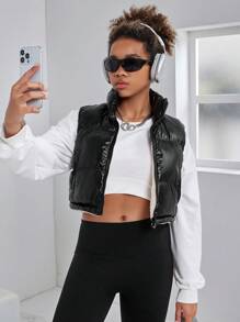 Teens/Girls Casual Streetwear Chic Reversible Fleece Vest Padded Coat - Black - View 6