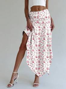 Aloruh Young Women's Romantic Floral Print Low Waist Slit Flare Hem Solid Color Pleated Long Skirt - Multicolor - View 5