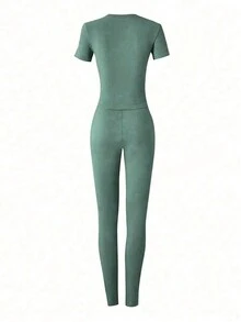 Form-Fitting Short Sleeve High Waisted Skinny Pants Casual Outfit - Green - View 2