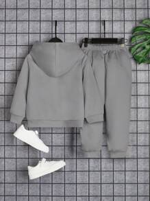 SHEIN 2 件套年轻男孩休闲舒适连帽长袖运动衫和宽松印花运动裤套装，秋冬 - 灰色 - 查看 2