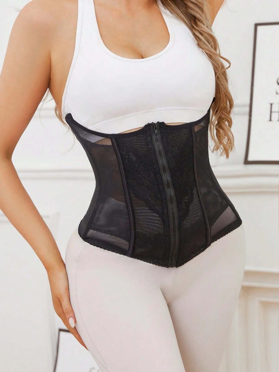 Women Crew Neck Backless Fashion Casual Drawstring Waist Zipper Design Sportswear - Black - View 1