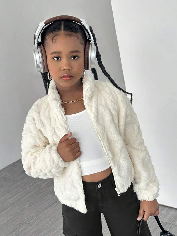 SHEIN Streecool Kids Tween Girl White Turtleneck Geometric Fluffy Casual Jacket
