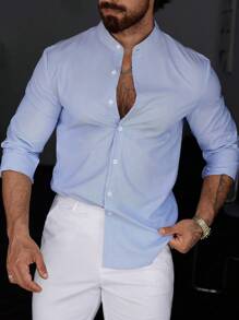 Manfinity Homme Men Stripe Print Button Front Casual Long Sleeve Shirt For Boyfriend Gift, For Fall Ceremony - Blue - View 4