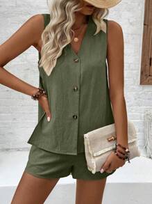 Breezaya 2 件女式 V 领无袖镂空纽扣衬衫和休闲短裤套装 - 軍綠色 - 查看 5
