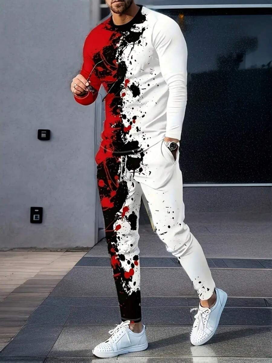 男士扎染印花长袖 T 恤和抽绳腰长裤 2 件套休闲西装套装，春夏秋装 - 彩色 - 查看 1
