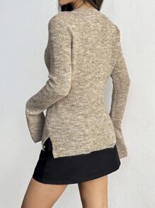 Flirla Women's Round Neck Letter Embroidered Split Hem Long Sleeve Pullover Sweater Knit Pullover Fall Winter Outfit