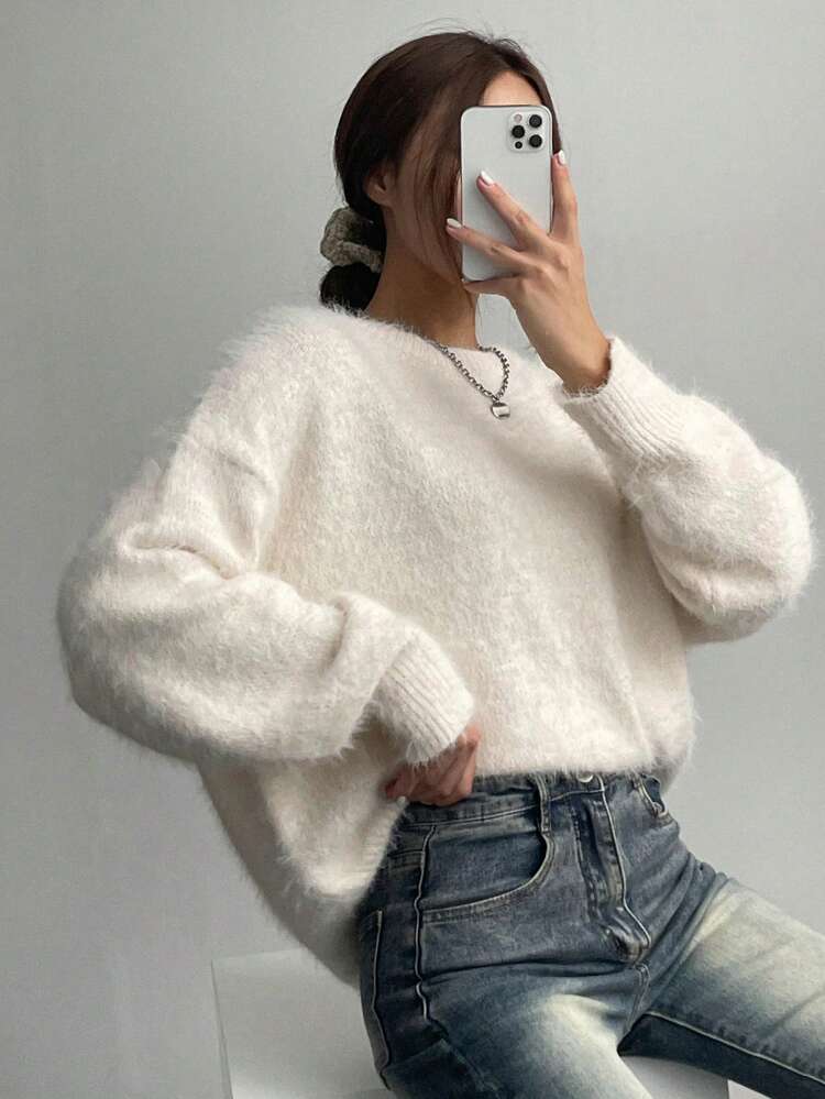 Women's Fluffy Loose Soft Pullover Sweater,Three Quarter Sleeve Tops Fall,Winter