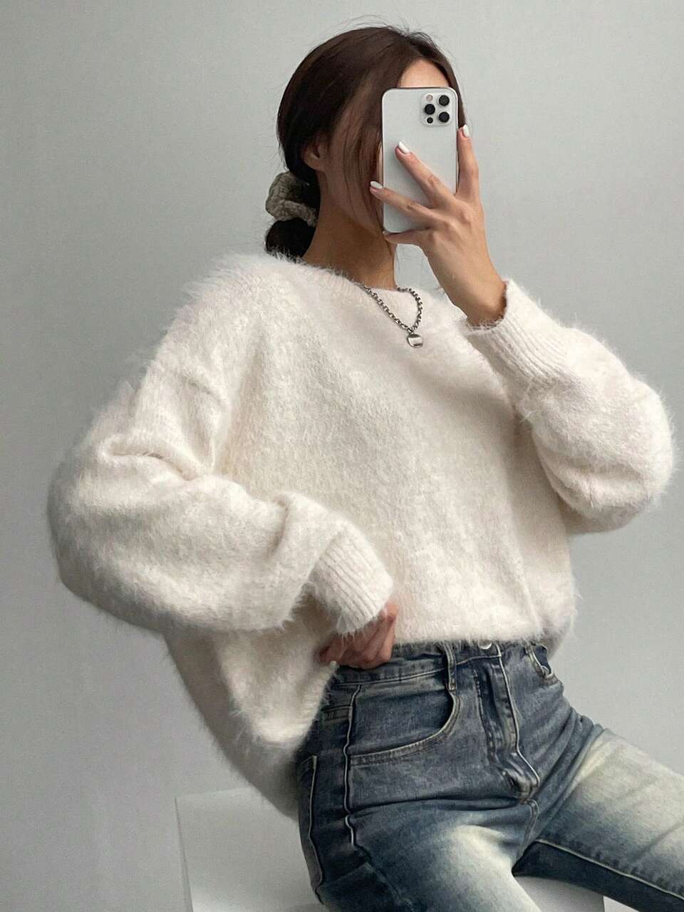 Women's Fluffy Loose Soft Pullover Sweater,Three Quarter Sleeve Tops Fall,Winter