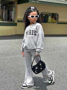 SHEIN Tween Girl Retro Collegiate Knit Crew Neck Long Sleeve Pullover Hoodie Set, Sibling & Me Matching Outfits (Sold Separately In Sets Of 2)