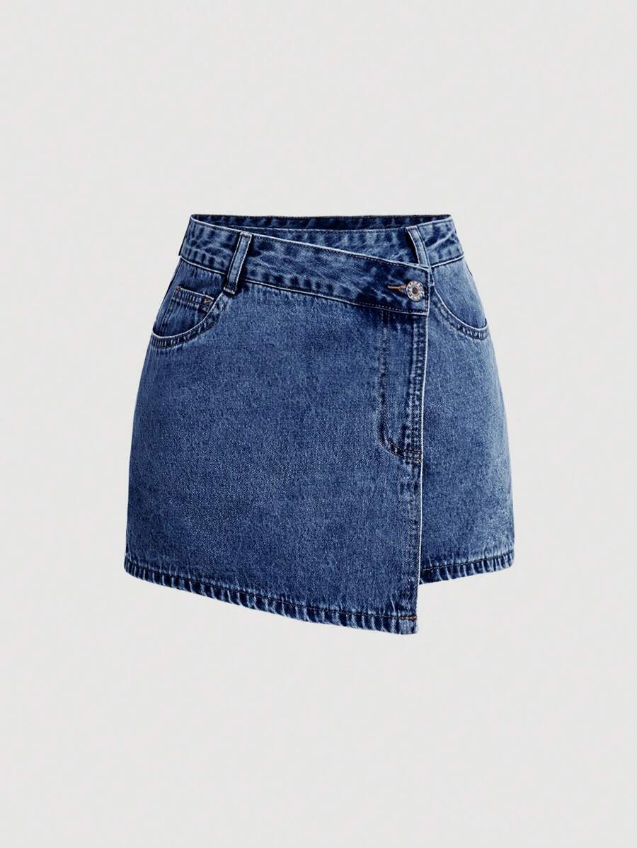 SHEIN MOD 女士纯色简约日常牛仔短裤、夏季牛仔短裤 - 深色水洗藍 - 查看 1