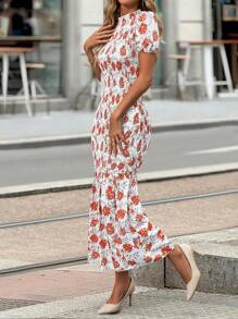 SHEIN Clasi Digital Printed Puff Sleeve Mermaid Tail Hem Summer Dress - Multicolor - View 1