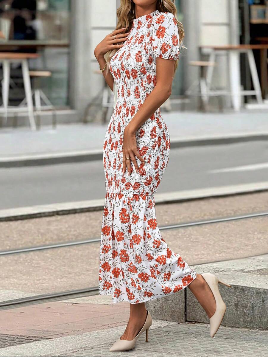 SHEIN Clasi Digital Printed Puff Sleeve Mermaid Tail Hem Summer Dress - Multicolor - View 1