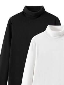 SHEIN 青少年男童买一送一 2件套 休闲舒适百搭高领长袖上衣，黑白两色可选，翻领设计，抓绒双面穿保暖修身T恤 时尚秋冬 - 黑與白 - 查看 4
