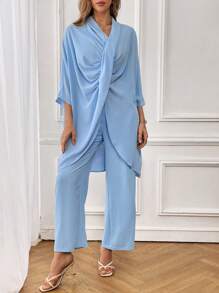 SHEIN LUNE Bộ 2 món áo quấn thời trang nữ - Màu xanh lam - Xem 3