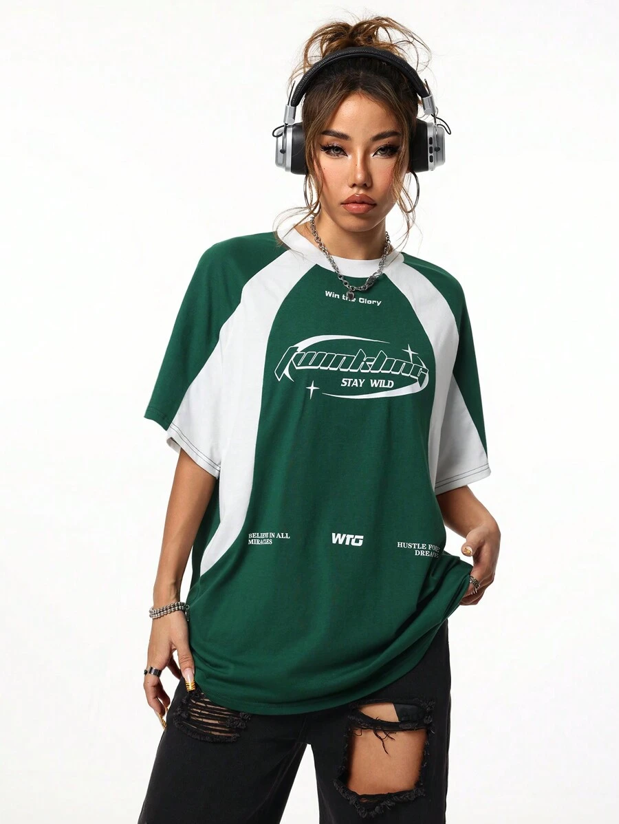 Coolane Women's Oversized Streetwear Fashion Race Car Graphic Splice Color Block Short Sleeve T-Shirt