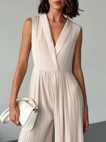 SHEIN Privé Women Elegant Vacation Office Casual Fashion Squareneck Pleated Waist Wide Leg Jumpsuit Without Belt Work Women - Apricot - View 5
