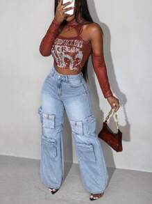 Slaydiva Solid Color Pocket Button Casual Wide Leg Jeans