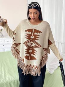 Flirla Áo len cỡ lớn thời trang tay cánh dơi in họa tiết vintage phối tua rua, áo len chui đầu mùa thu đông. - Nhiều màu - Xem 3