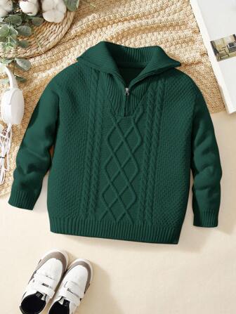 SHEIN Young Boy Loose Fit College Style Long Sleeve Turndown Collar Pullover Sweater,In Fall/Winter